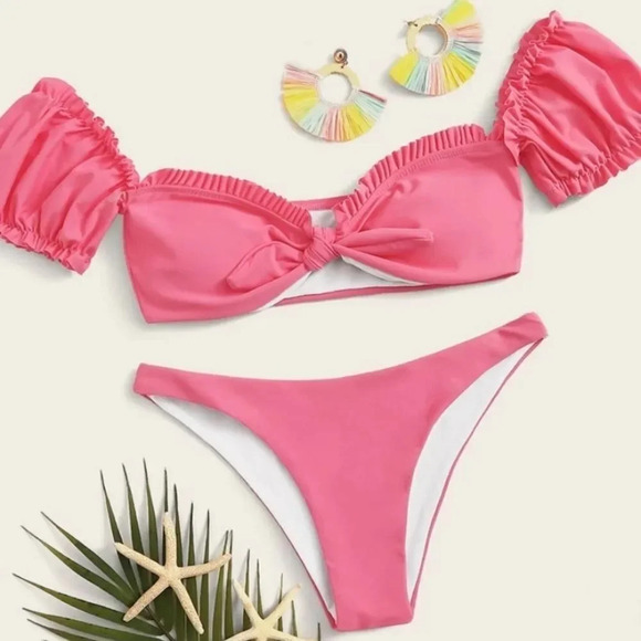 NEW! Pink Ruffled Puff Sleeve Bow Bikini 🎀 - Picture 8 of 15